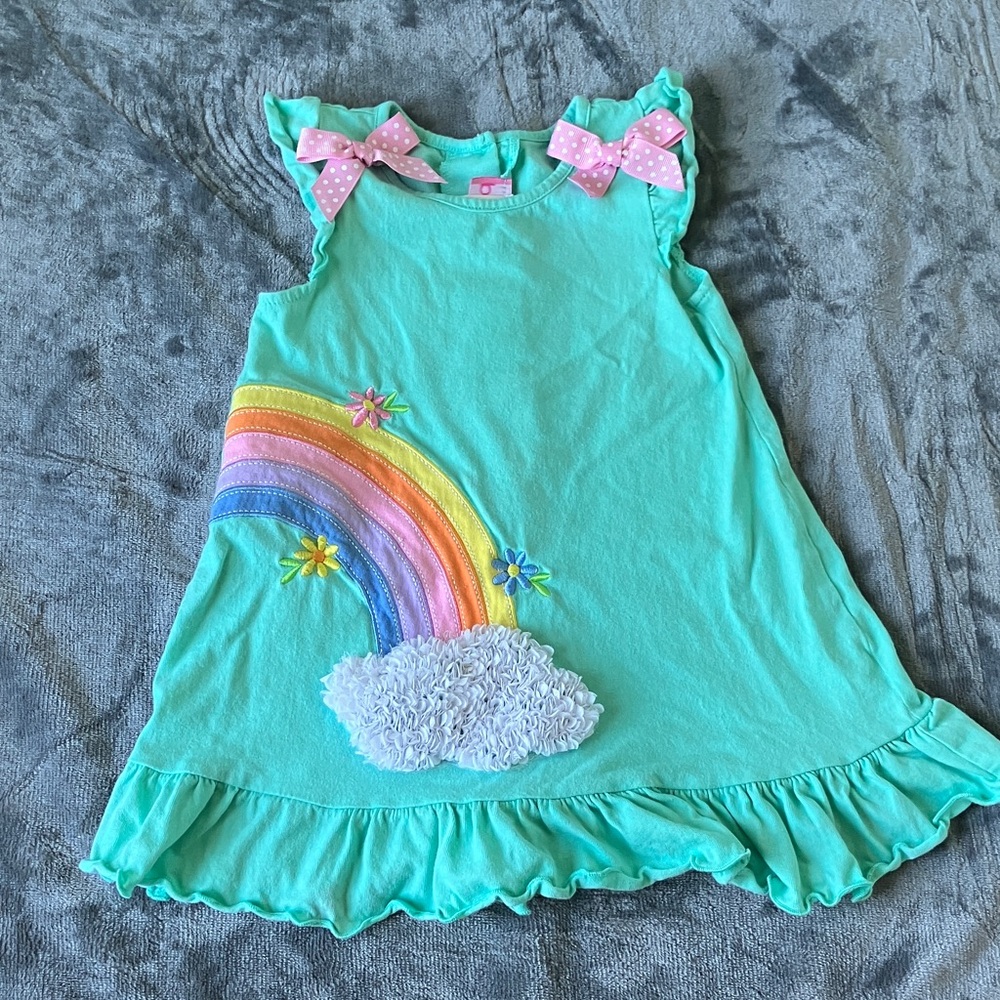 Cracker Barrel Kids Dress with Rainbow and Bows - Green and Pink